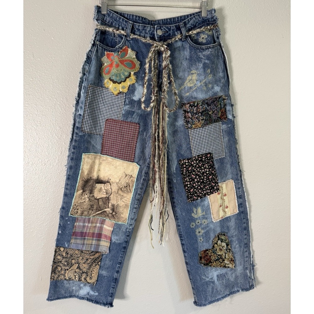 OOAK Reworked Patchwork Denim Jeans Whimsigoth Lagenlook Boho Distressed Sz 29 - Picture 2 of 10
